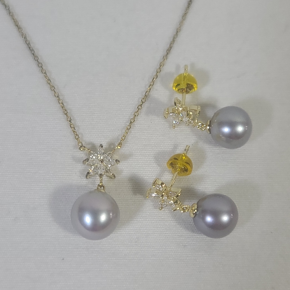 Freshwater Pearl Cubic Zirconia Gold 925 Starburst Pendant Necklace Earring Set